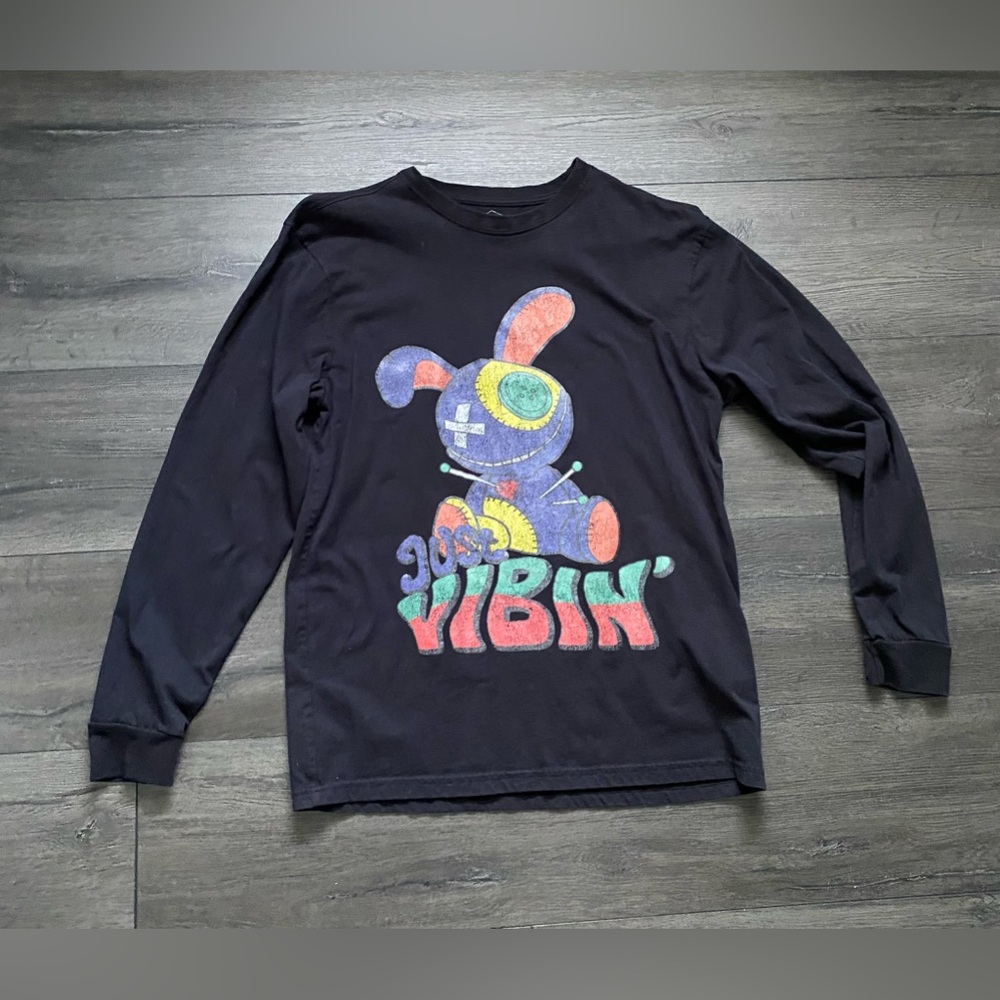 Track 23 Mens Bunny Just Vibin' Long Sleeve Graphic T-Shirt Black Size Medium
